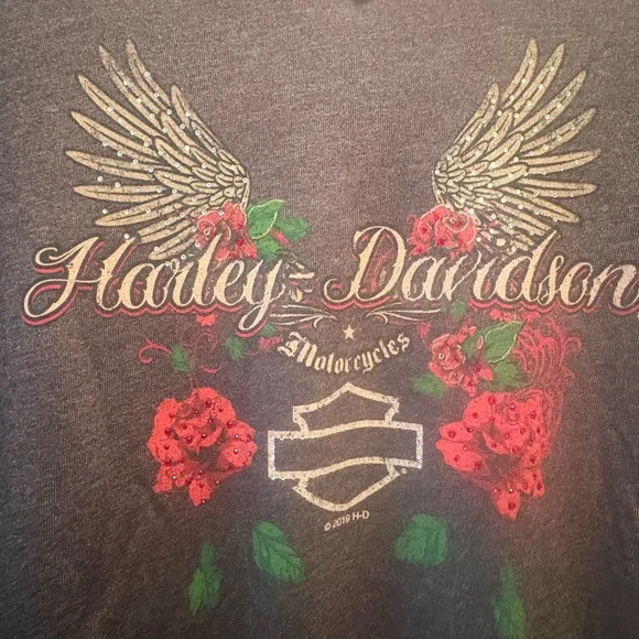Harley-Davidson Women's Roses & Bling Long Sleeve Shirt, Vintage Black /Gray - Picture 2 of 5